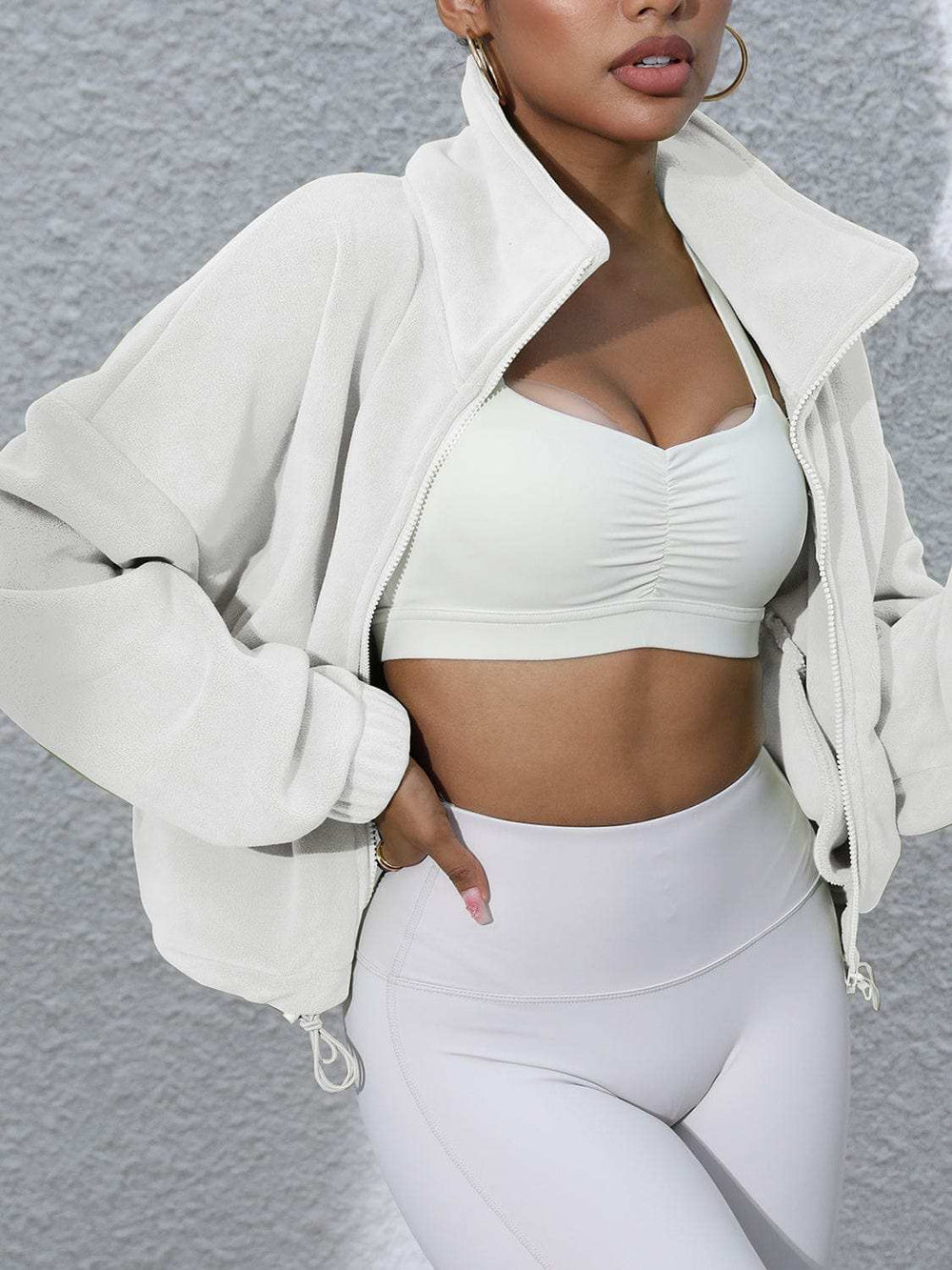 Drawstring Turtleneck Zip Up Long Sleeve Jacket - Trendsi - Flyclothing LLC