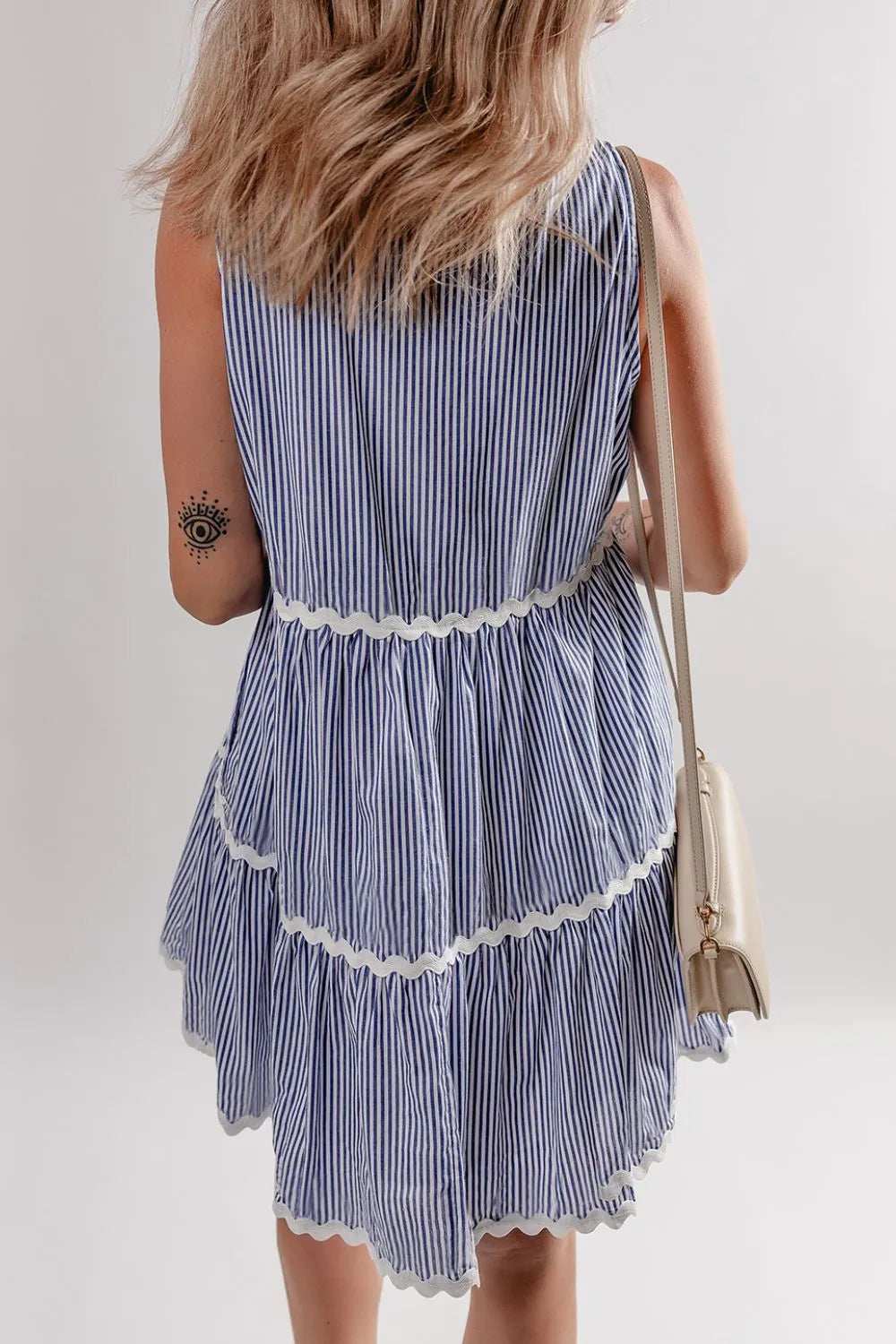 Stripe Sleeveless Notched Ric Rac Mini Dress - Trendsi - Flyclothing LLC