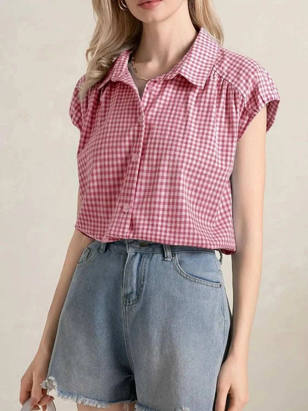 Plaid Button Up Cap Sleeve Shirt - Trendsi - Flyclothing LLC