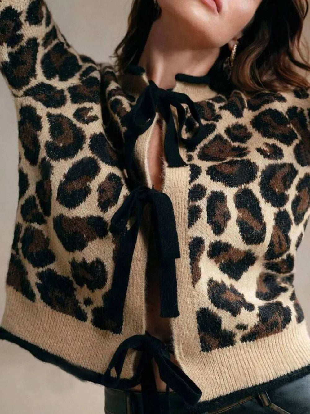 Leopard Print Bow-Tie Front Cropped Cardigan - Trendsi - Flyclothing LLC
