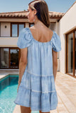 Square Neck Puff Sleeve Denim Dress - Trendsi - Flyclothing LLC