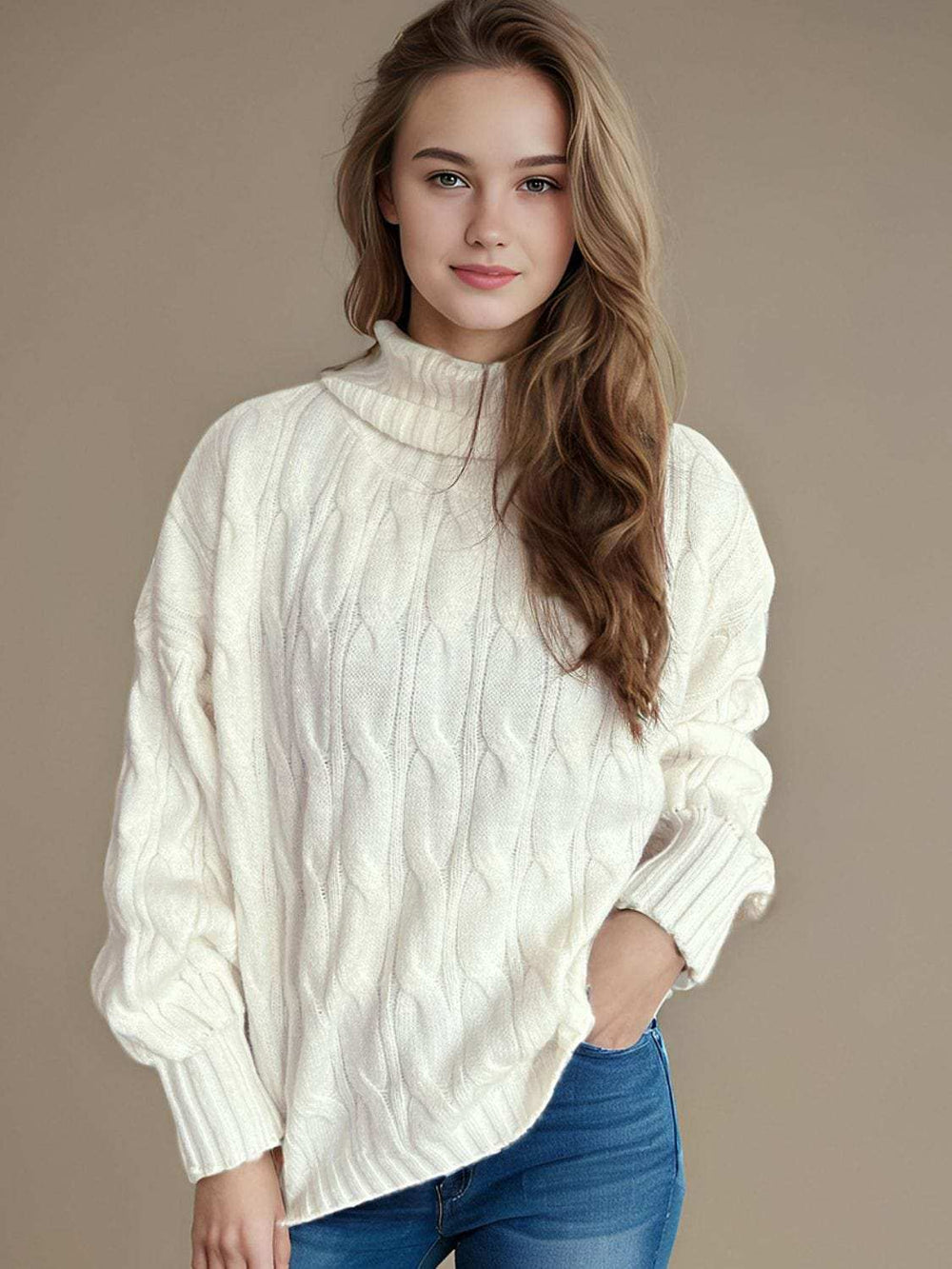 Cable-Knit Turtleneck Long Sleeve Sweater - Trendsi - Flyclothing LLC