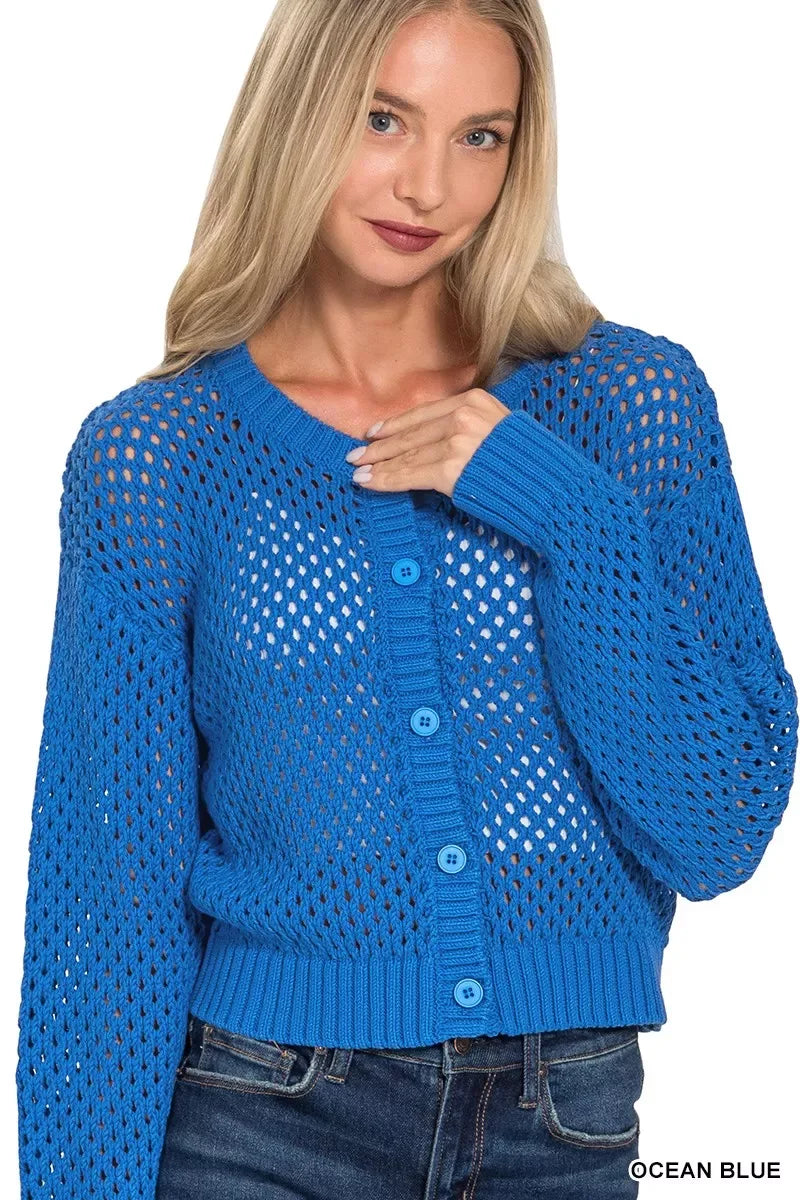 Zenana Button Down Lightweight Crochet Cardigan Sweater - Trendsi - Flyclothing LLC