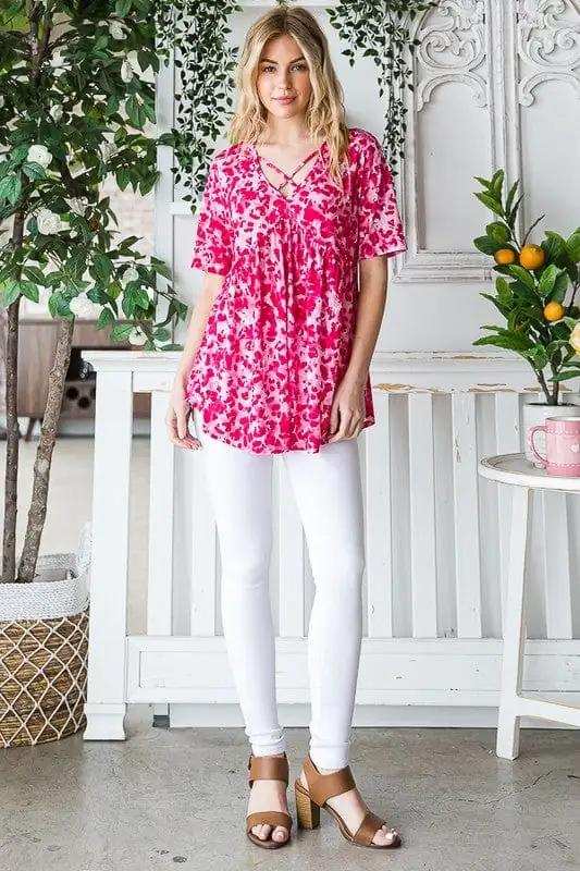 Heimish Full Size Short Sleeve Crisscross Animal Babydoll Top Plus Size - Trendsi - Flyclothing LLC