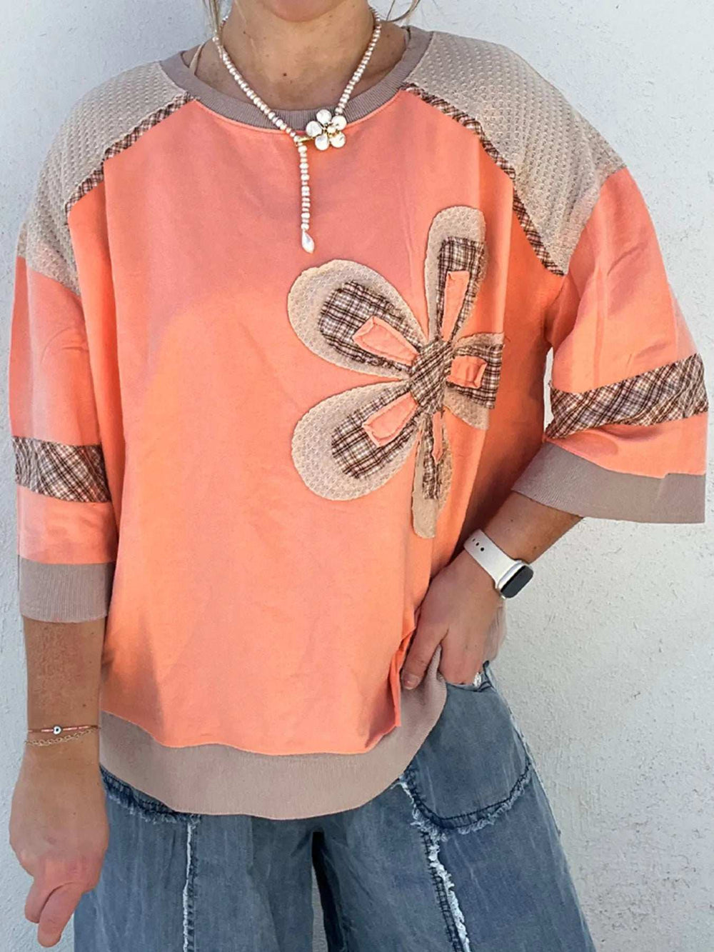 Plaid Waffle Flower Patchwork Contrast Top - Trendsi - Flyclothing LLC