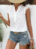 Perfee Eyelet Notched Ruffled Cap Sleeve Blouse - Trendsi - Flyclothing LLC