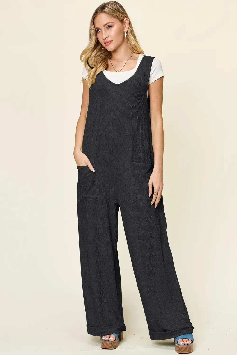 Double Take Full Size Texture Sleeveless Wide Leg Jumpsuit - Trendsi - Flyclothing LLC