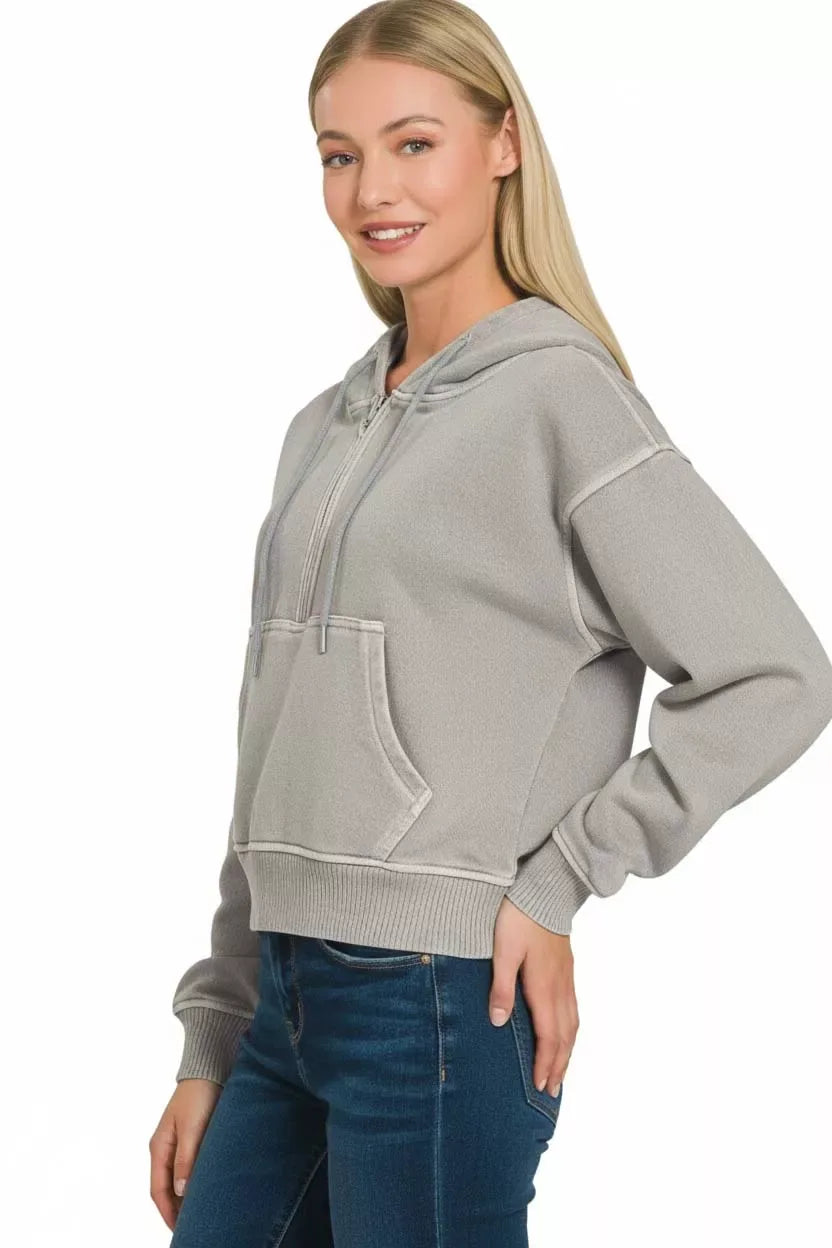 Zenana Fleece Pigment Dye Half Zip Kangaroo Pocket Hoodie - Trendsi - Flyclothing LLC