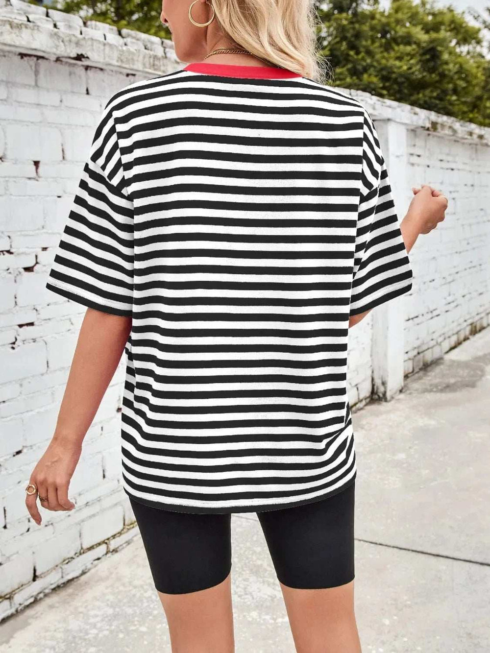 Contrast Striped Round Neck T-Shirt - Trendsi - Flyclothing LLC