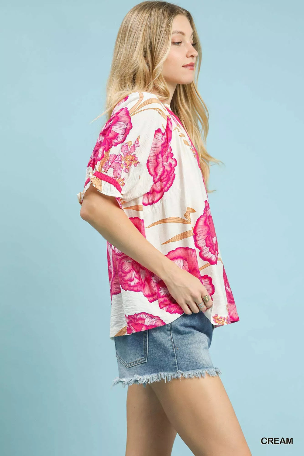 Umgee Floral V-Neck Puff Sleeve Blouse - Trendsi - Flyclothing LLC