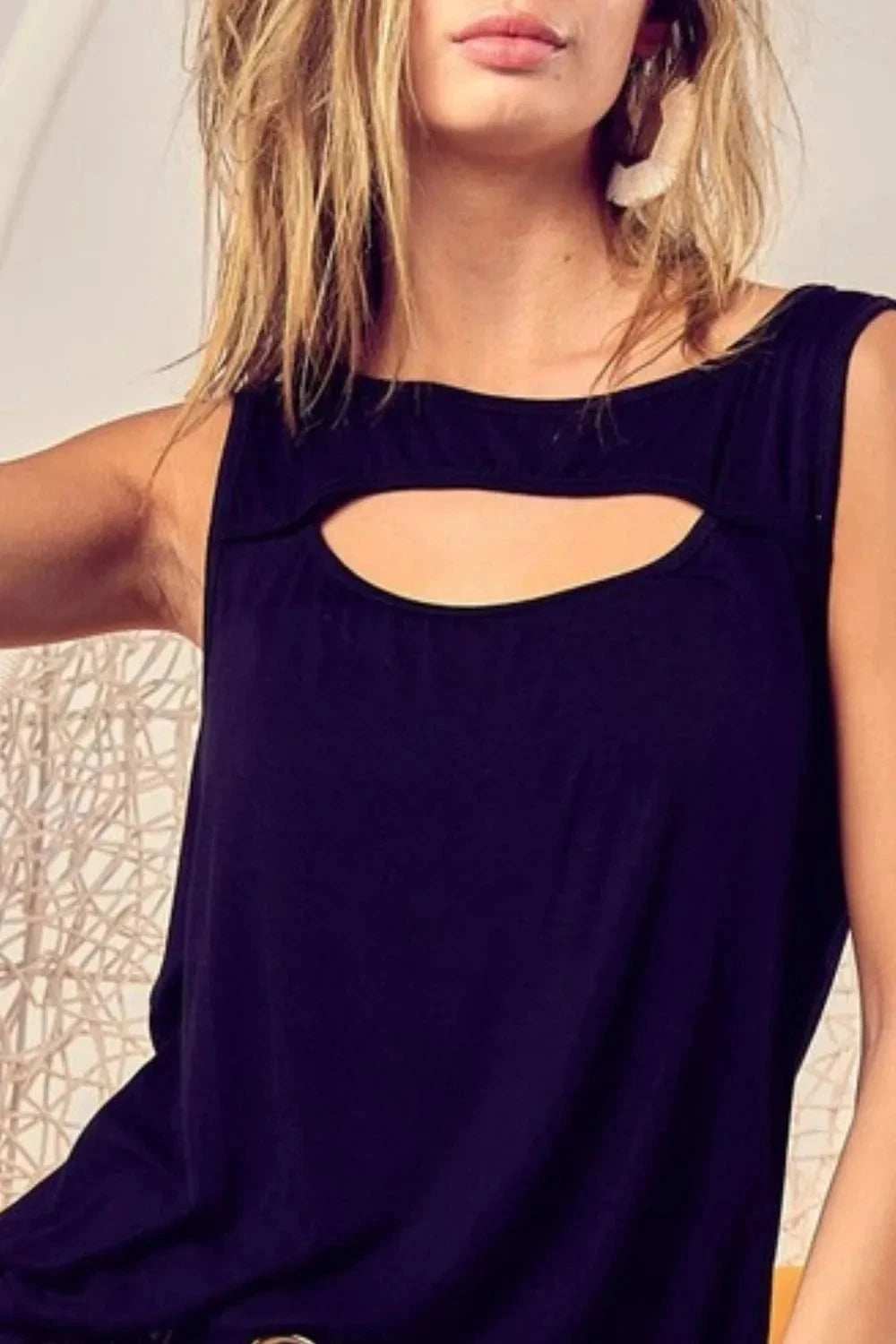 BiBi Rayon Span Knit With Cut Out Front Sleeveless Top - Trendsi - Flyclothing LLC
