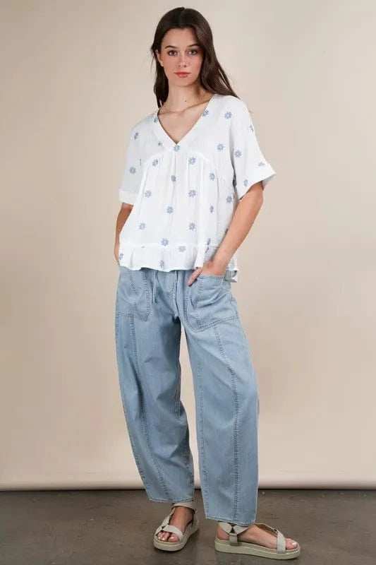 VERY J Flower Embroidered Woven Blouse - Trendsi - Flyclothing LLC