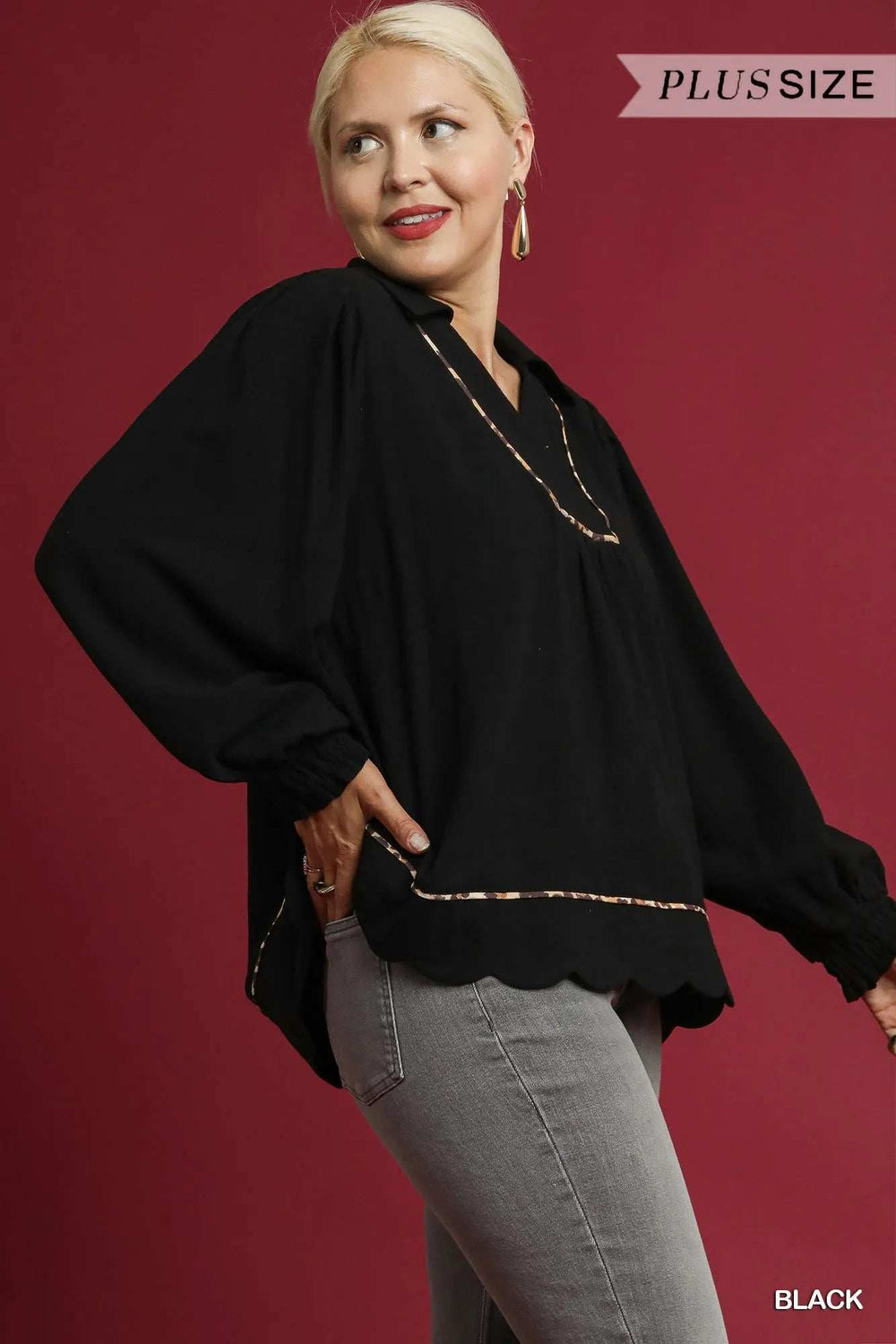 Umgee Full Size Linen Scallop Hem Blouse with Contrast Trim Plus Size - Trendsi - Flyclothing LLC