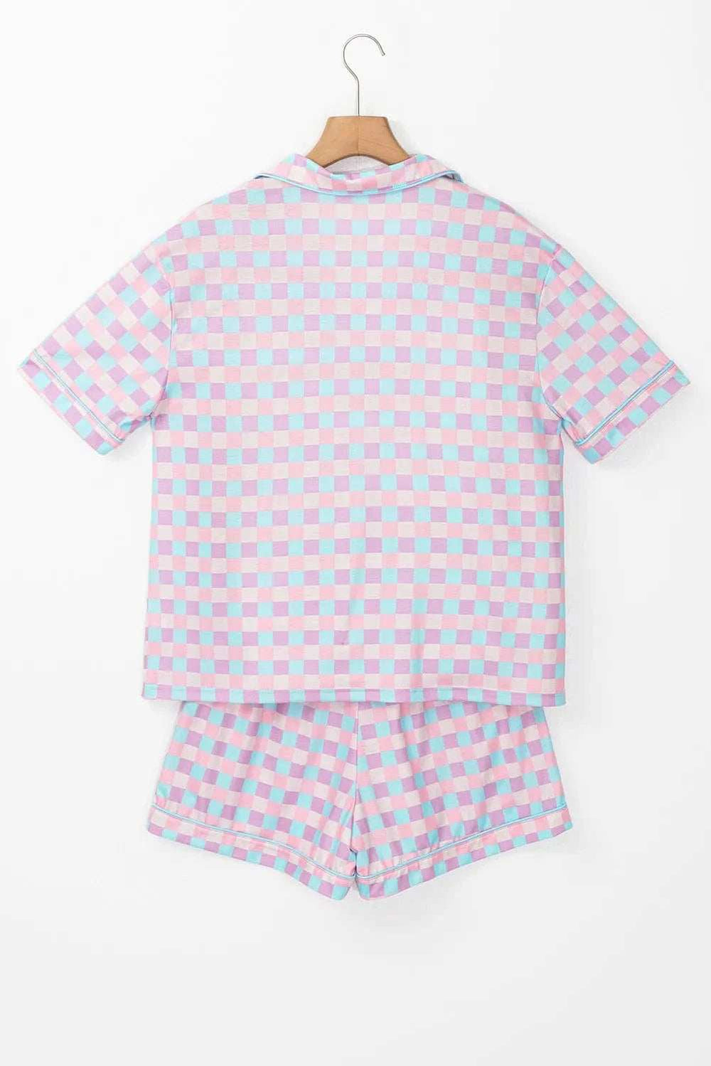 Plaid Collared Neck Short Sleeve Top and Shorts Lounge Set - Trendsi - Flyclothing LLC