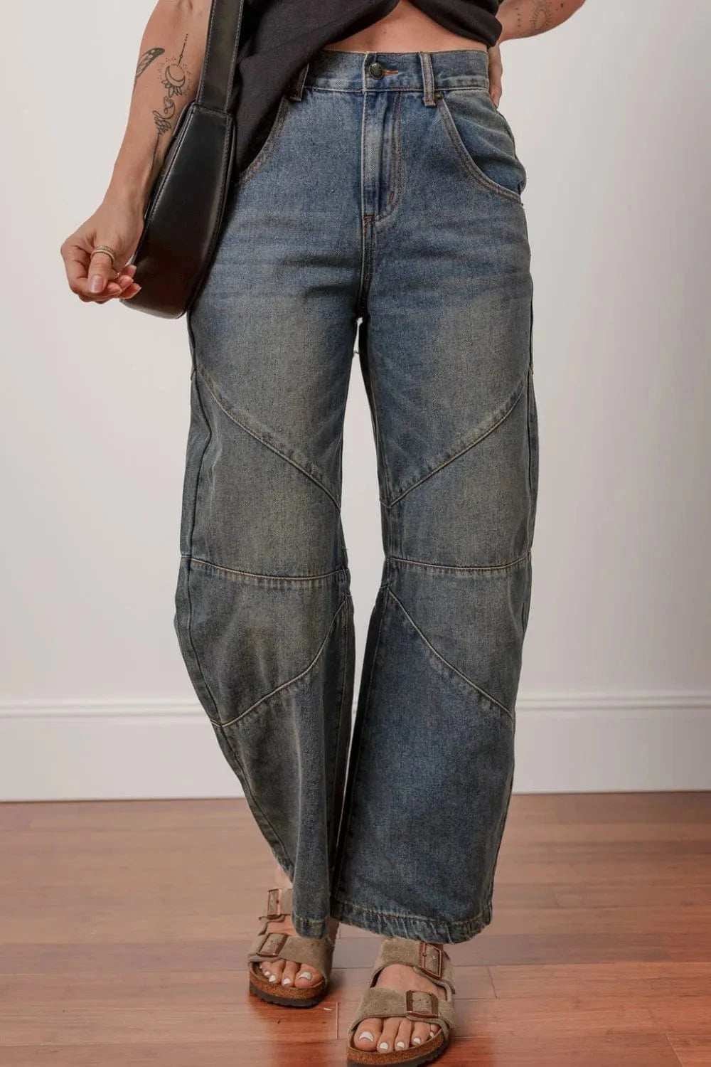 Exposed Stitching Loose Straight High Waist Jeans - Trendsi - Flyclothing LLC