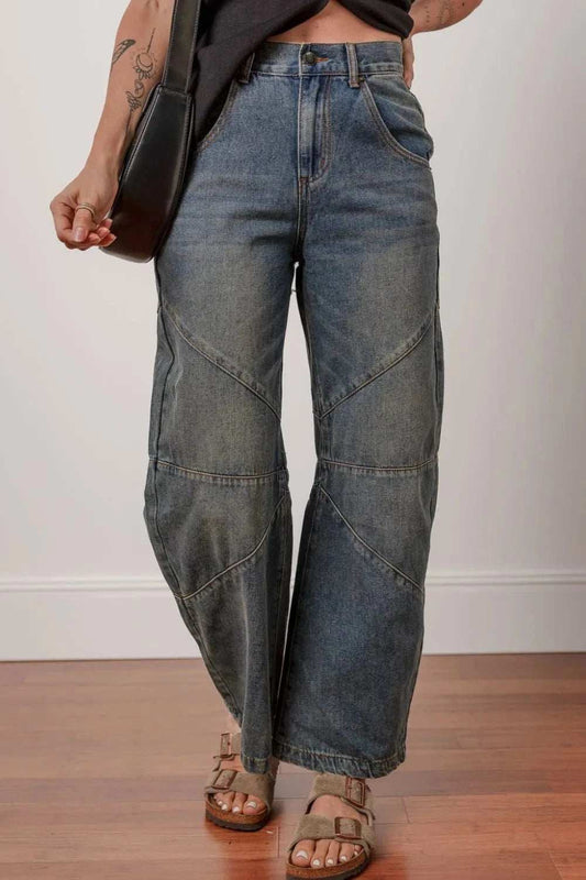 Exposed Stitching Loose Straight High Waist Jeans - Trendsi - Flyclothing LLC