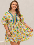 Plus Size Printed V-Neck Half Sleeve Mini Dress - Trendsi - Flyclothing LLC
