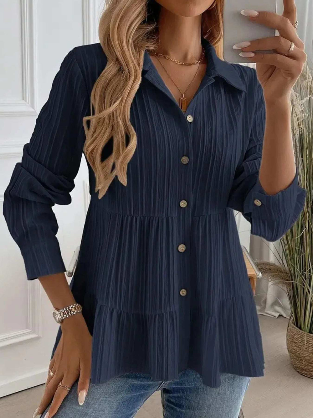 Striped Button-Down Tiered Shirt - Trendsi - Flyclothing LLC
