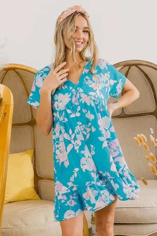 BiBi Floral Crinkle Shirred Ruffle Detail V Neck Dress - Trendsi - Flyclothing LLC