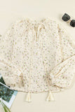 Frill Lace Detail Printed Tie Neck Long Sleeve Blouse - Trendsi - Flyclothing LLC