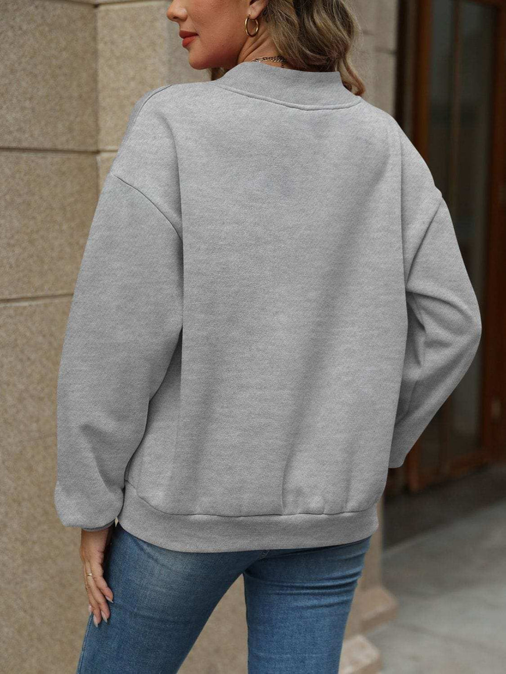 V-Neck Long Sleeve Dropped Shoulder Sweatshirt - Trendsi - Flyclothing LLC