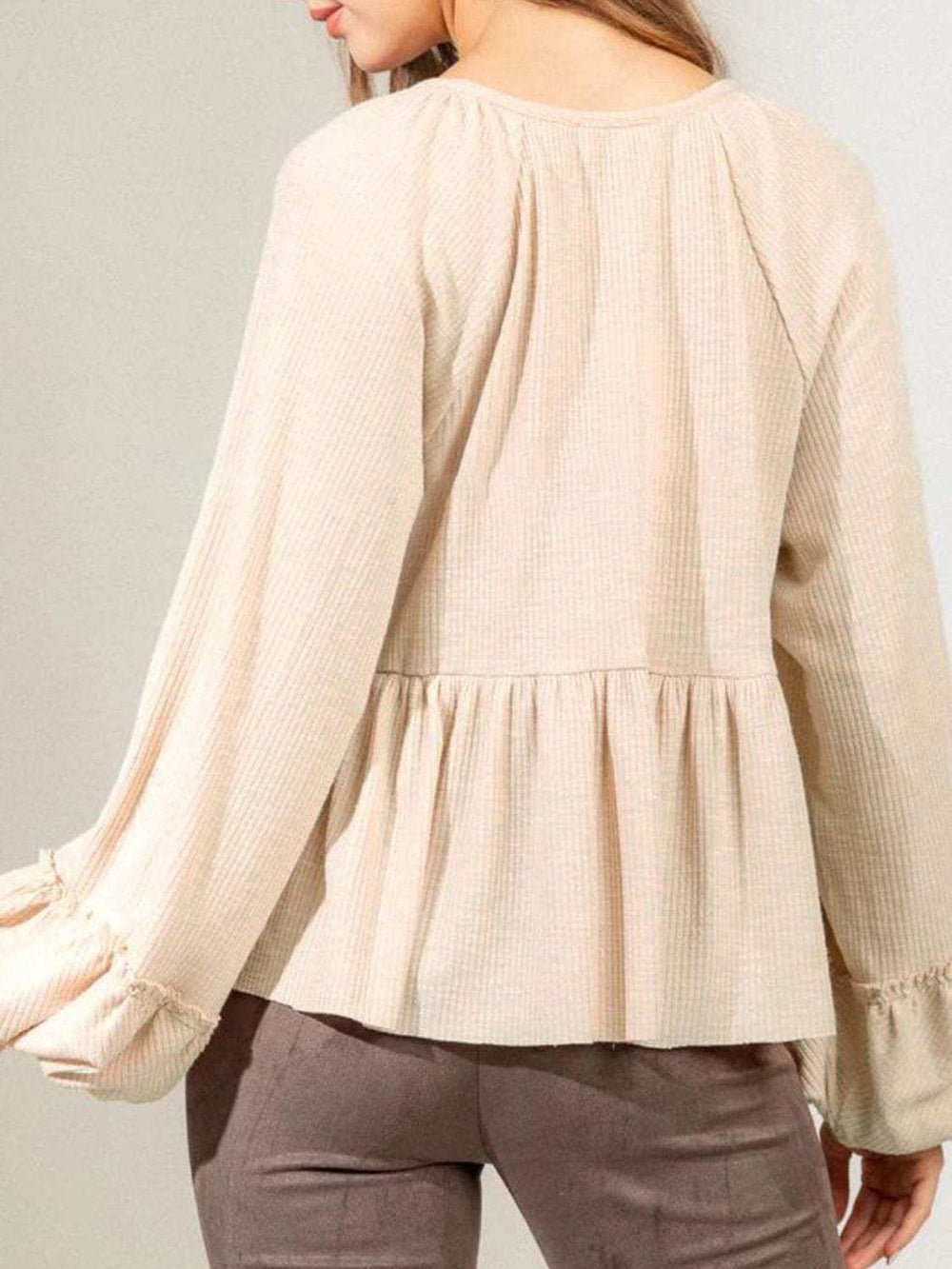 Notched Balloon Sleeve Peplum Blouse - Trendsi - Flyclothing LLC