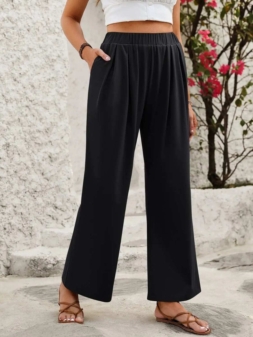 Elastic Waist Wide Leg Pants - Trendsi - Flyclothing LLC
