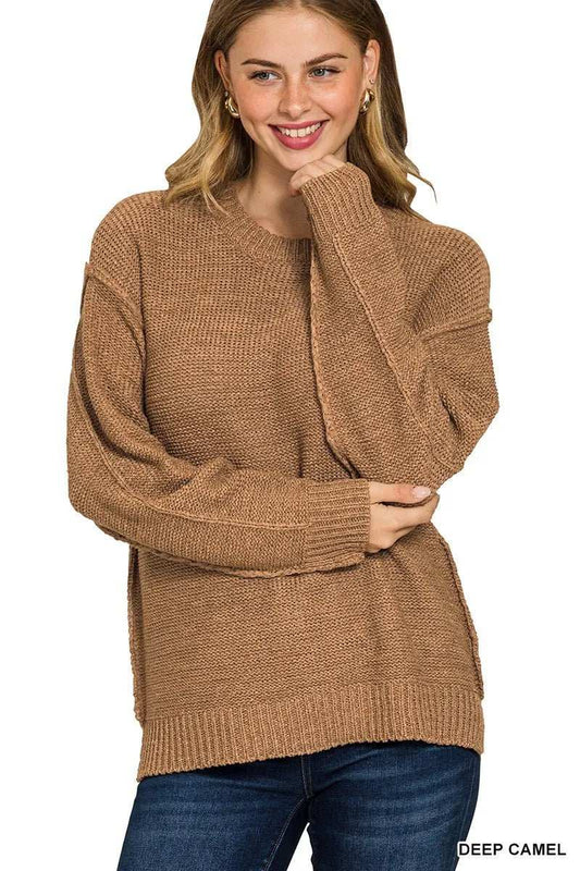 Zenana Exposed Seam Round Neck Sweater - Trendsi - Flyclothing LLC