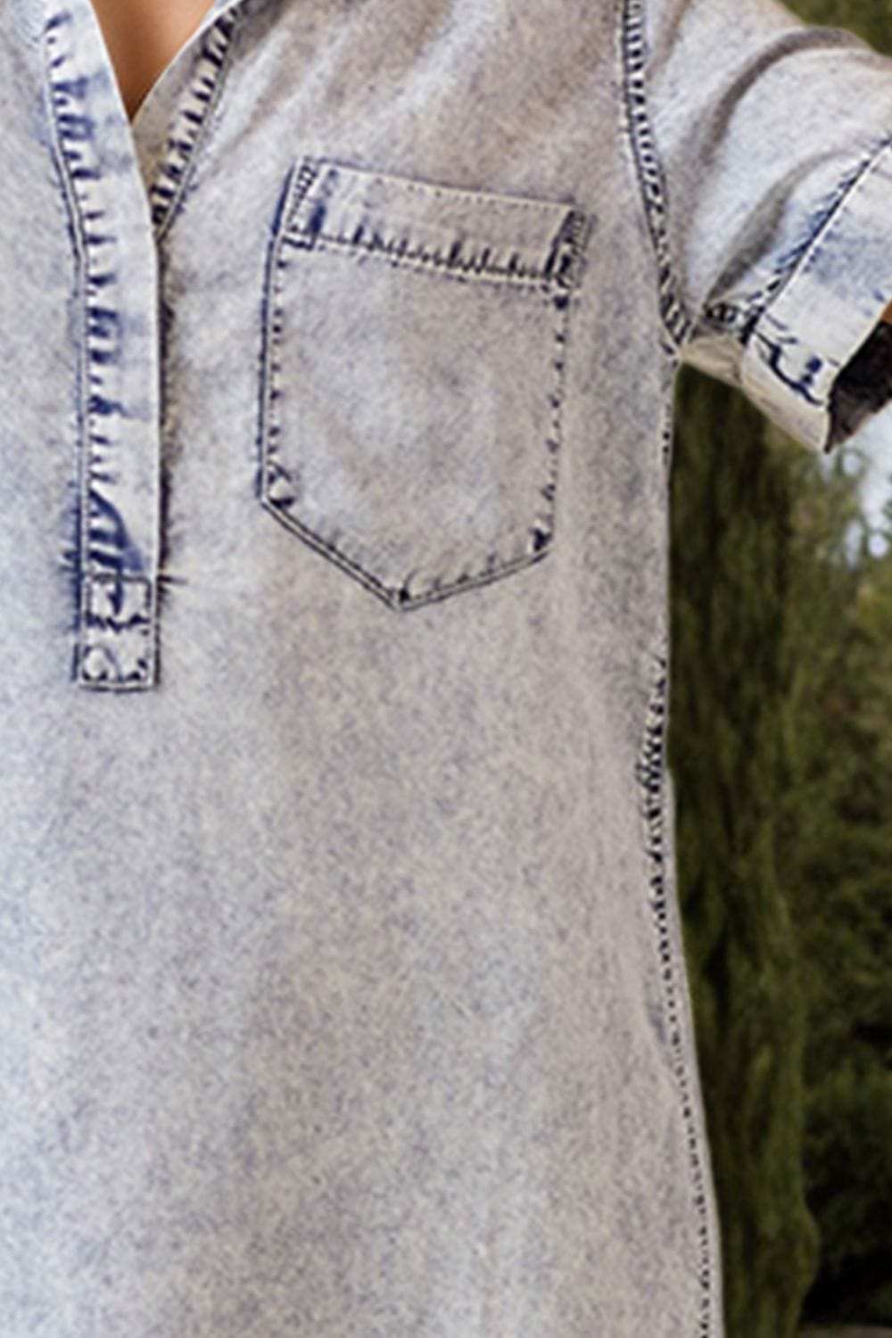Pocketed Collared Neck Short Sleeve Denim Dress - Trendsi - Flyclothing LLC