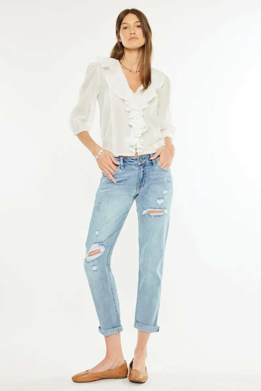 Kancan Mid Rise Distressed Boyfriend Fit Jeans - Trendsi - Flyclothing LLC