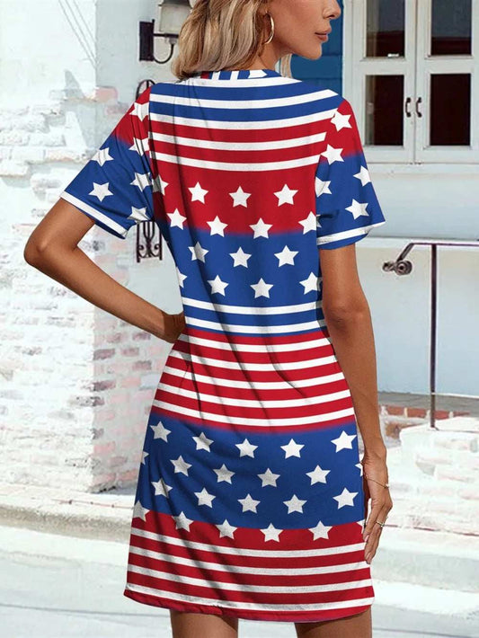 FAM-FAM Pocketd US Flag Printed Short Sleeve Dress - Trendsi - Flyclothing LLC