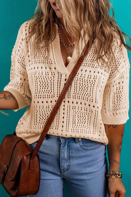 Openwork Johnny Collar Half Sleeve Knit Top - Trendsi - Flyclothing LLC