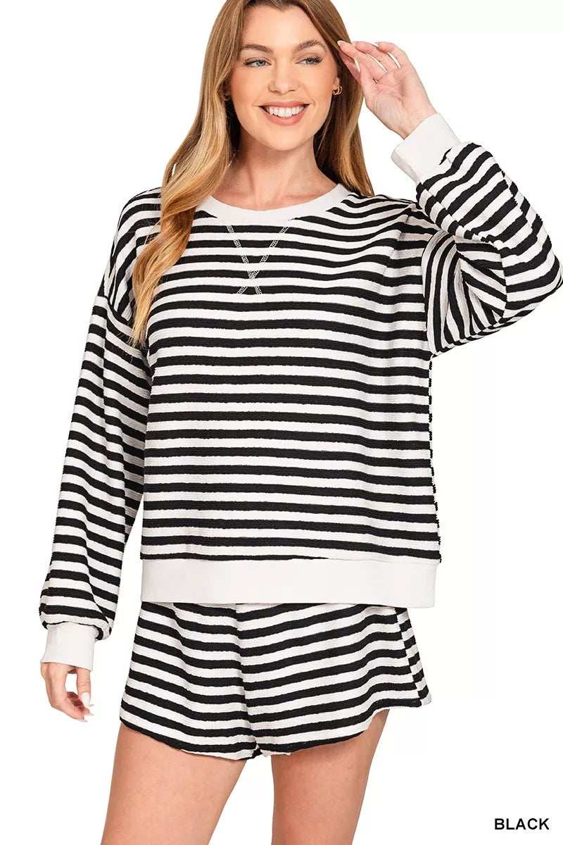 Zenana Striped Long Sleeve Top and Shorts Set - Trendsi - Flyclothing LLC