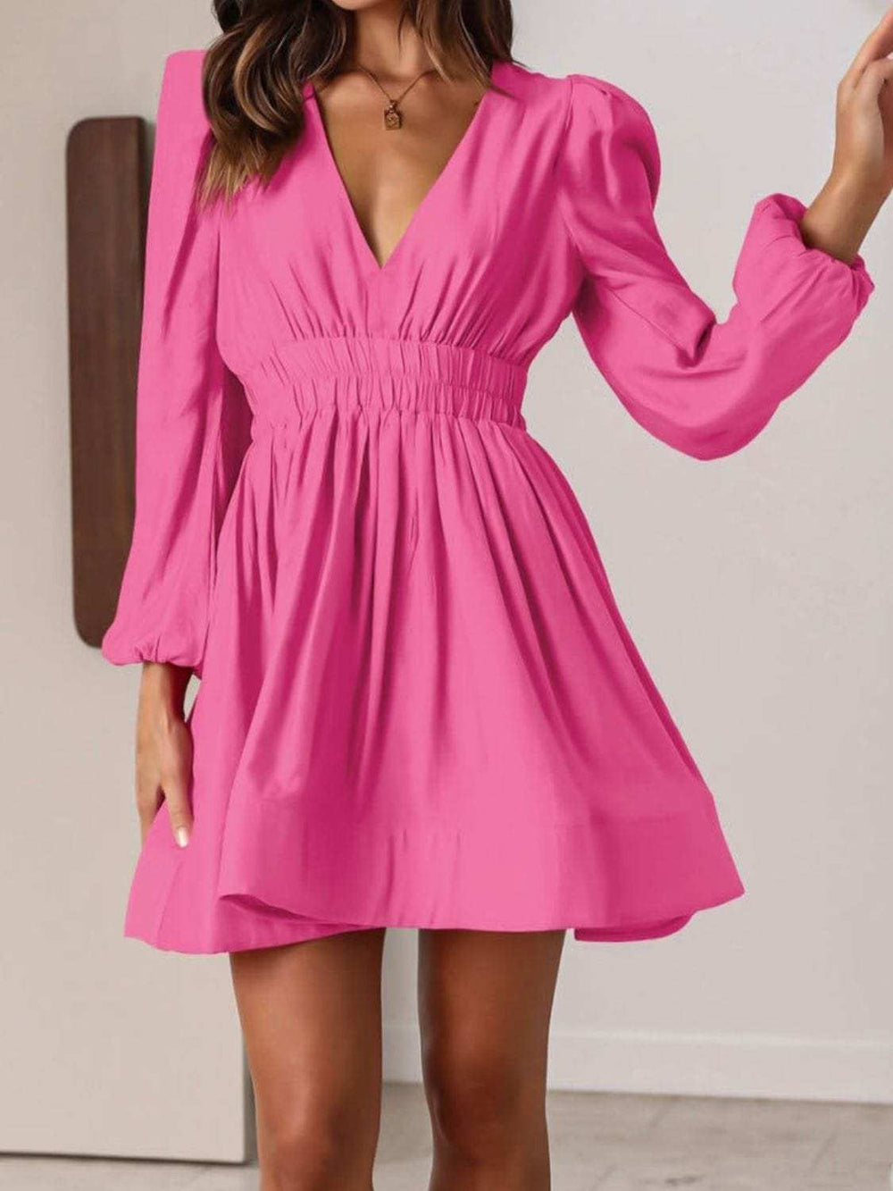 Ruched V-Neck Balloon Sleeve Mini Dress - Trendsi - Flyclothing LLC
