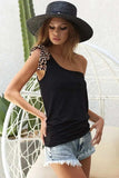 BiBi Rayon Span Knit One Shoulder Top with Leopard Ribbon - Trendsi - Flyclothing LLC