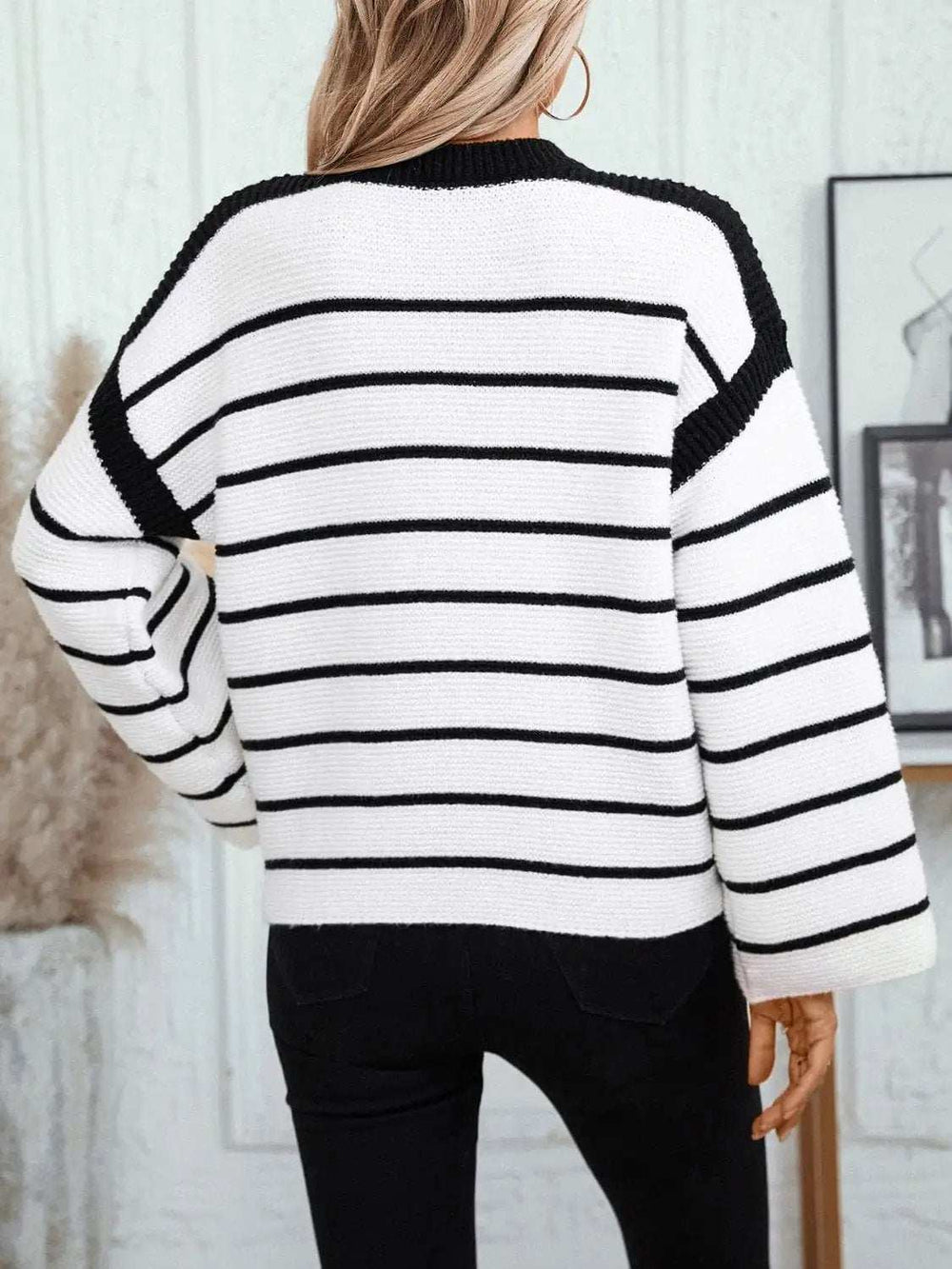 Striped Round Neck Long Sleeve Sweater - Trendsi - Flyclothing LLC