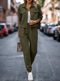 Plaid Texture Snap Down Top and Pants Set - Trendsi - Flyclothing LLC