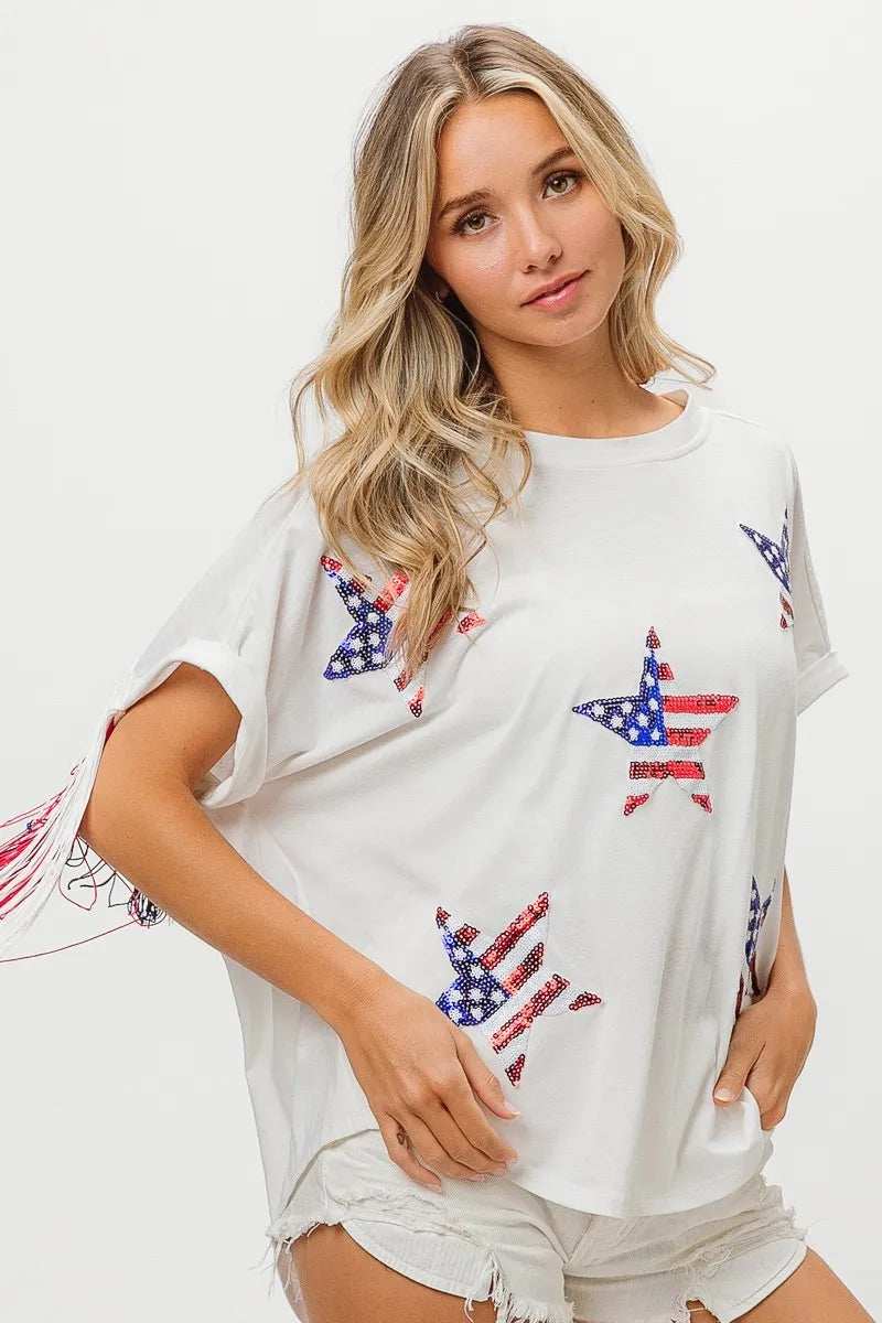 BiBi American Flag Sequin Star Fringe Top - Trendsi - Flyclothing LLC