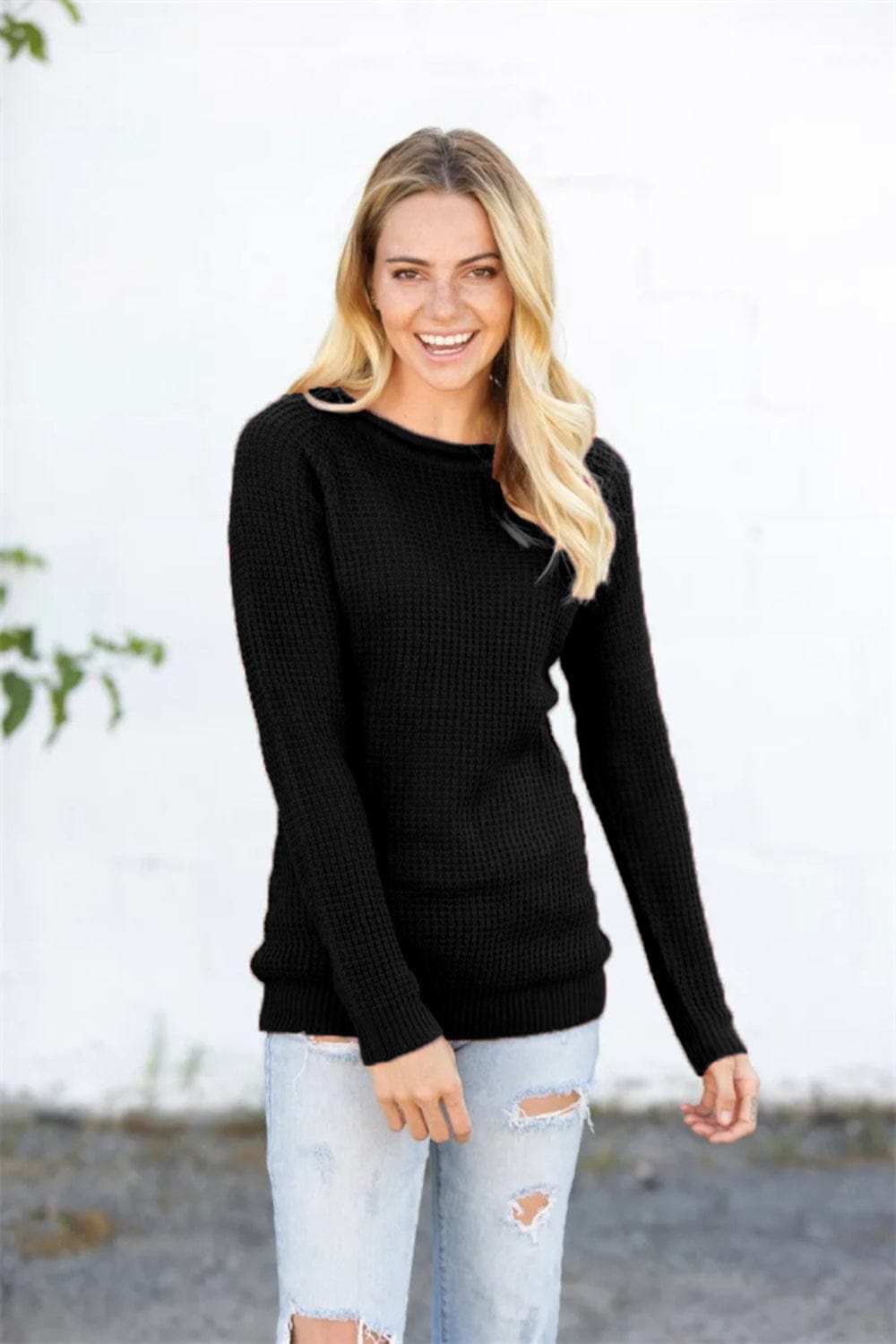 Round Neck Raglan Sleeve Sweater - Trendsi - Flyclothing LLC