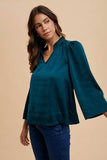 Annie Wear Satin Notched Three-Quarter Sleeve Blouse - Trendsi - Flyclothing LLC