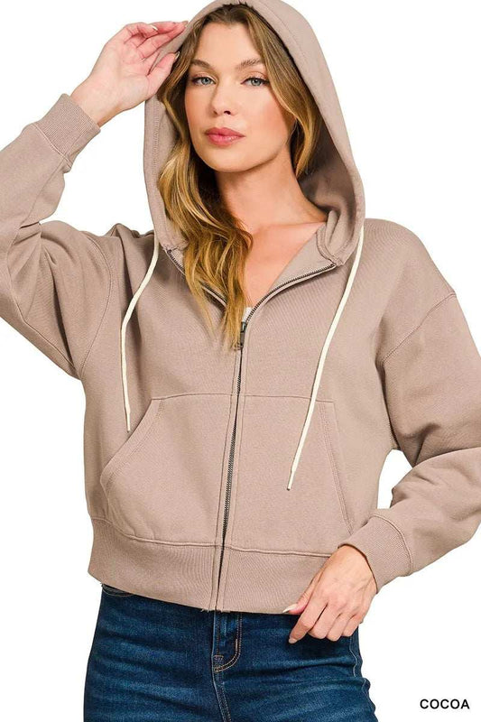 Zenana Fleece Cropped Zip-up Hoodie with Pockets - Trendsi - Flyclothing LLC