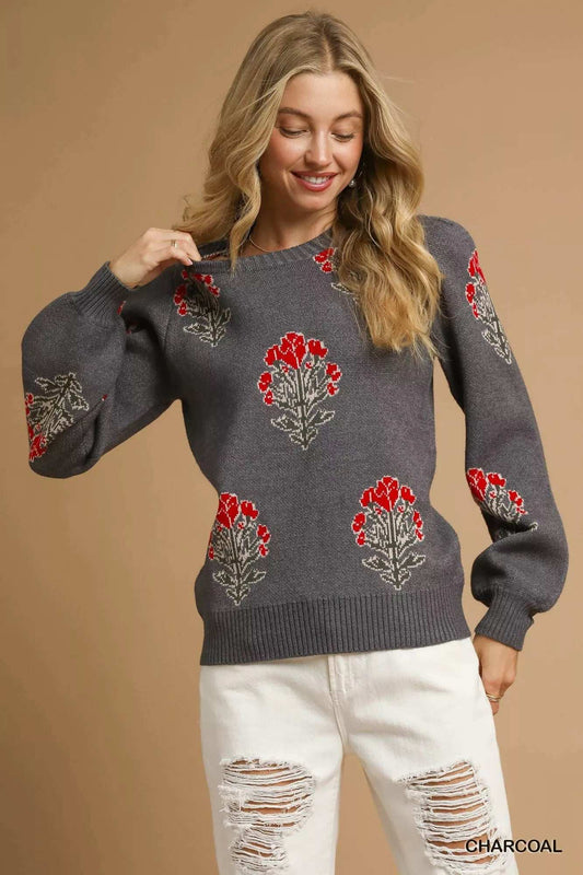 Umgee Single Flower Stem Jacquard Sweater - Trendsi - Flyclothing LLC