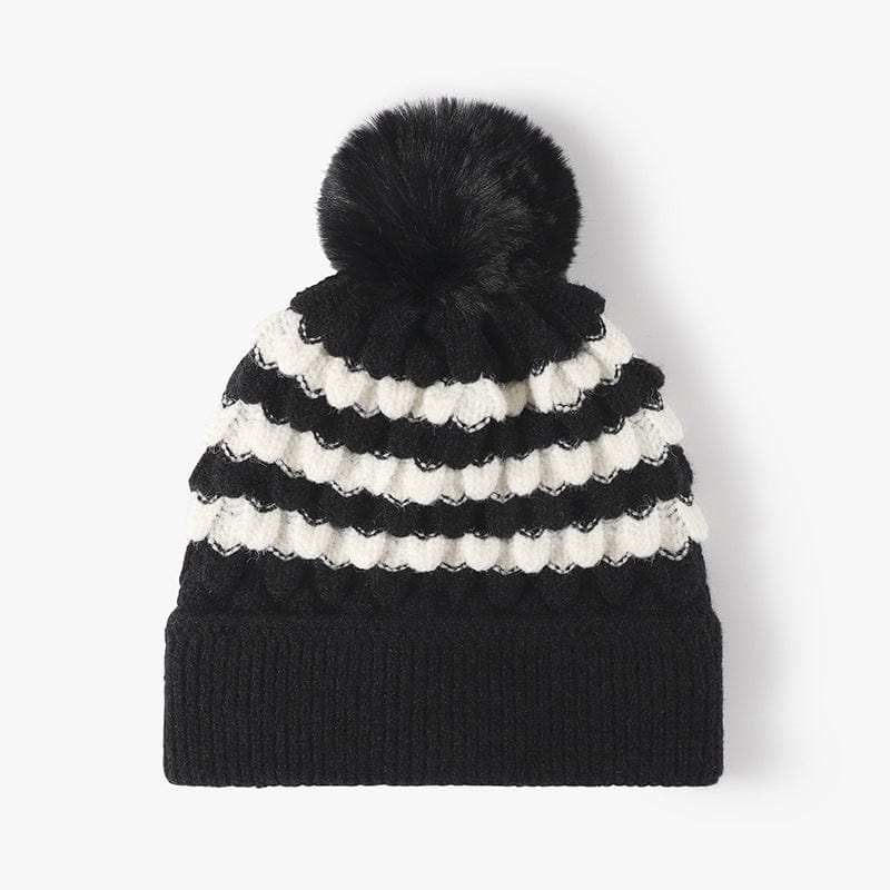 Striped Contrast Knit Hat with Pom-pom - Trendsi - Flyclothing LLC