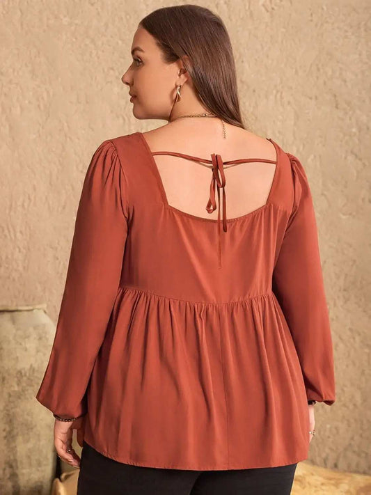 Plus Size Lace Detail Square Neck Long Sleeve Blouse - Trendsi - Flyclothing LLC