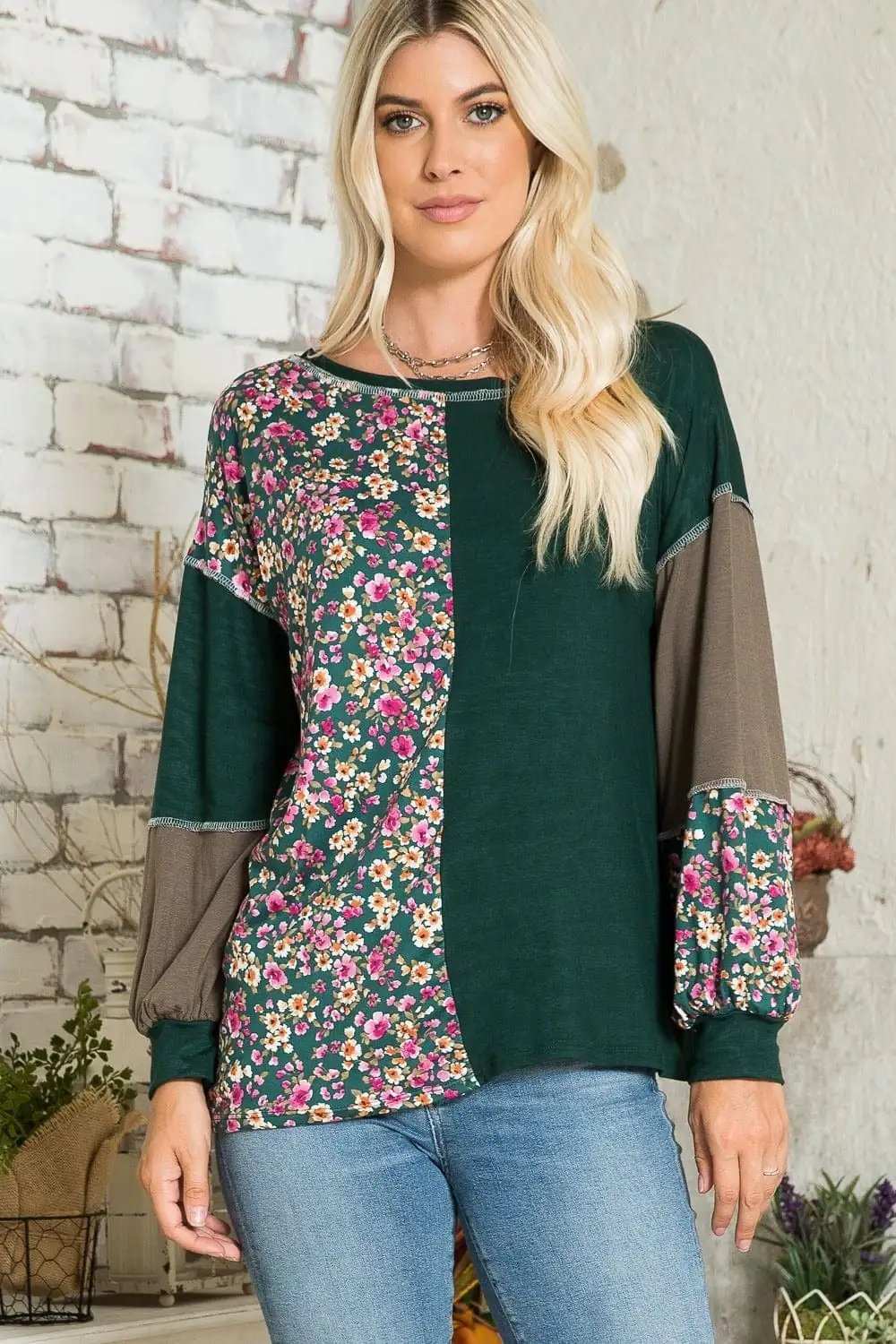 Celeste Full Size Floral Color Block Exposed Seam T-Shirt - Trendsi - Flyclothing LLC