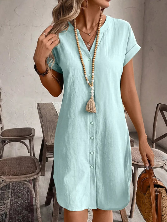 Plus Size Casual Button-Down Short Sleeve Dress - Trendsi - Flyclothing LLC