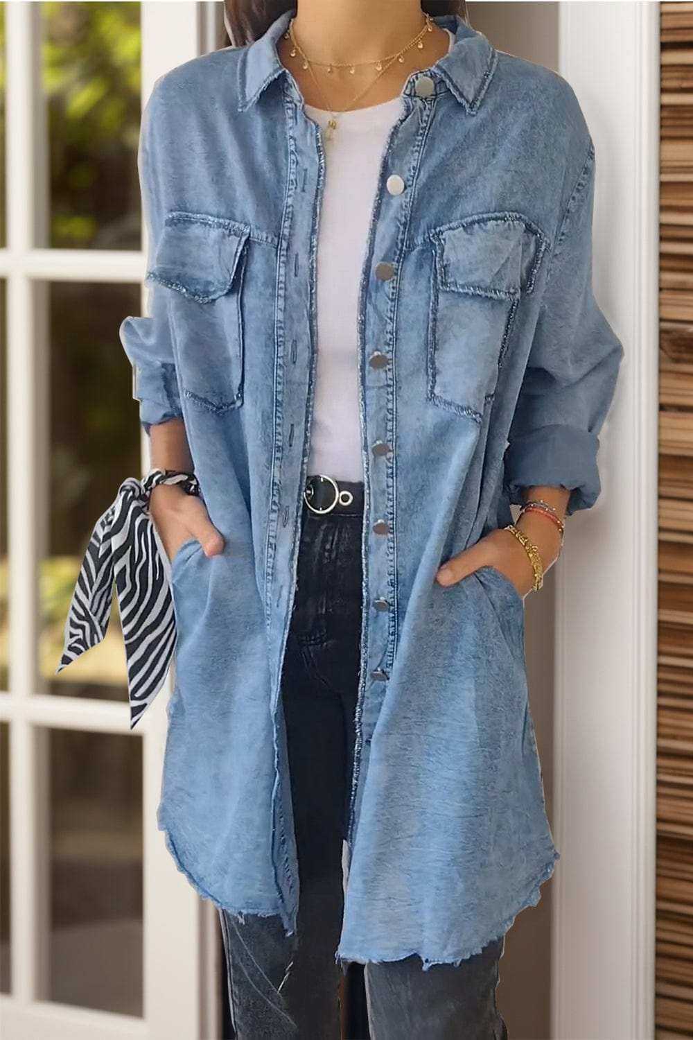 Full Size Pocketed Button Up Long Sleeve Denim Jacket - Trendsi - Flyclothing LLC