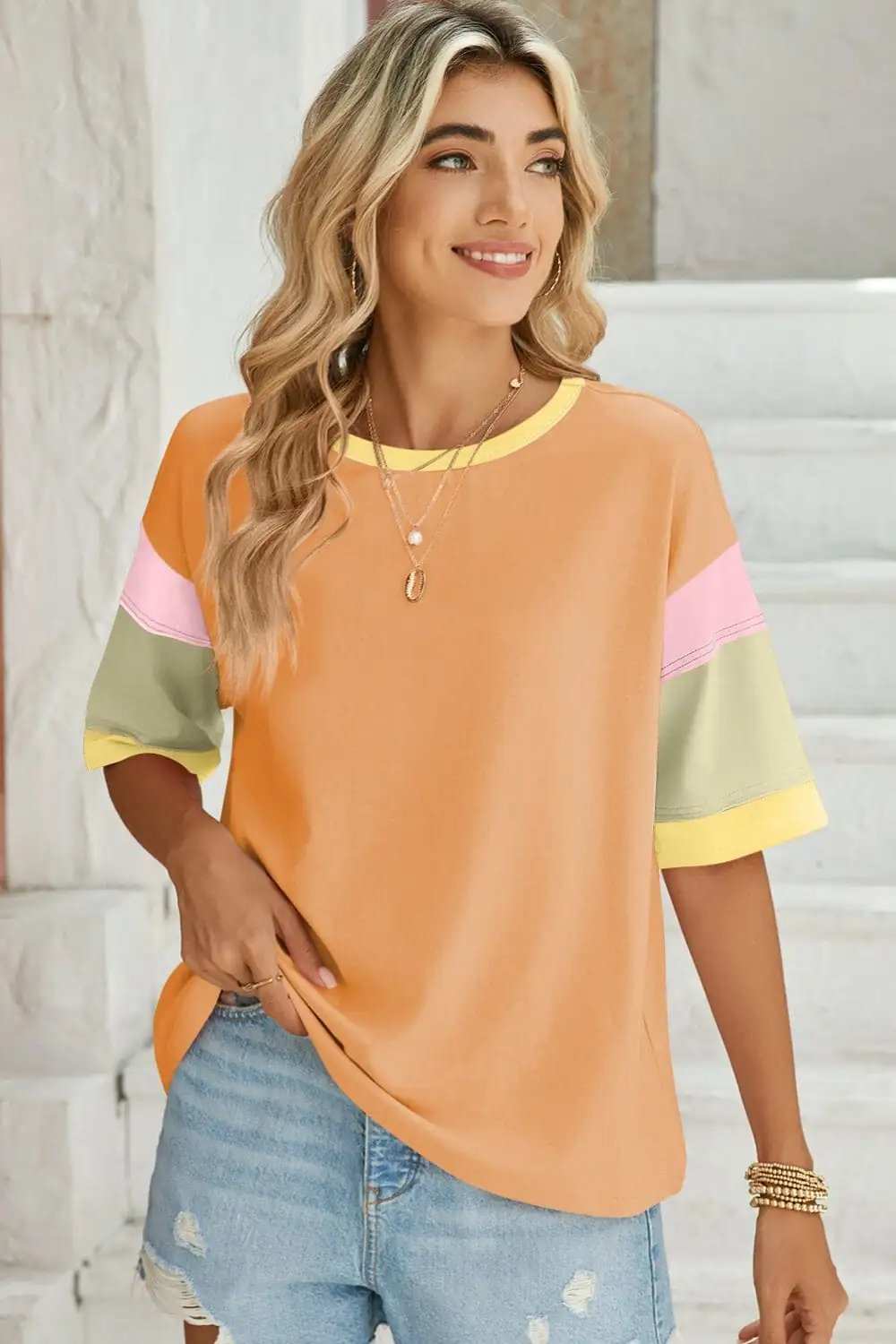 Lovelet Color Block Round Neck Half Sleeve T-Shirt - Trendsi - Flyclothing LLC