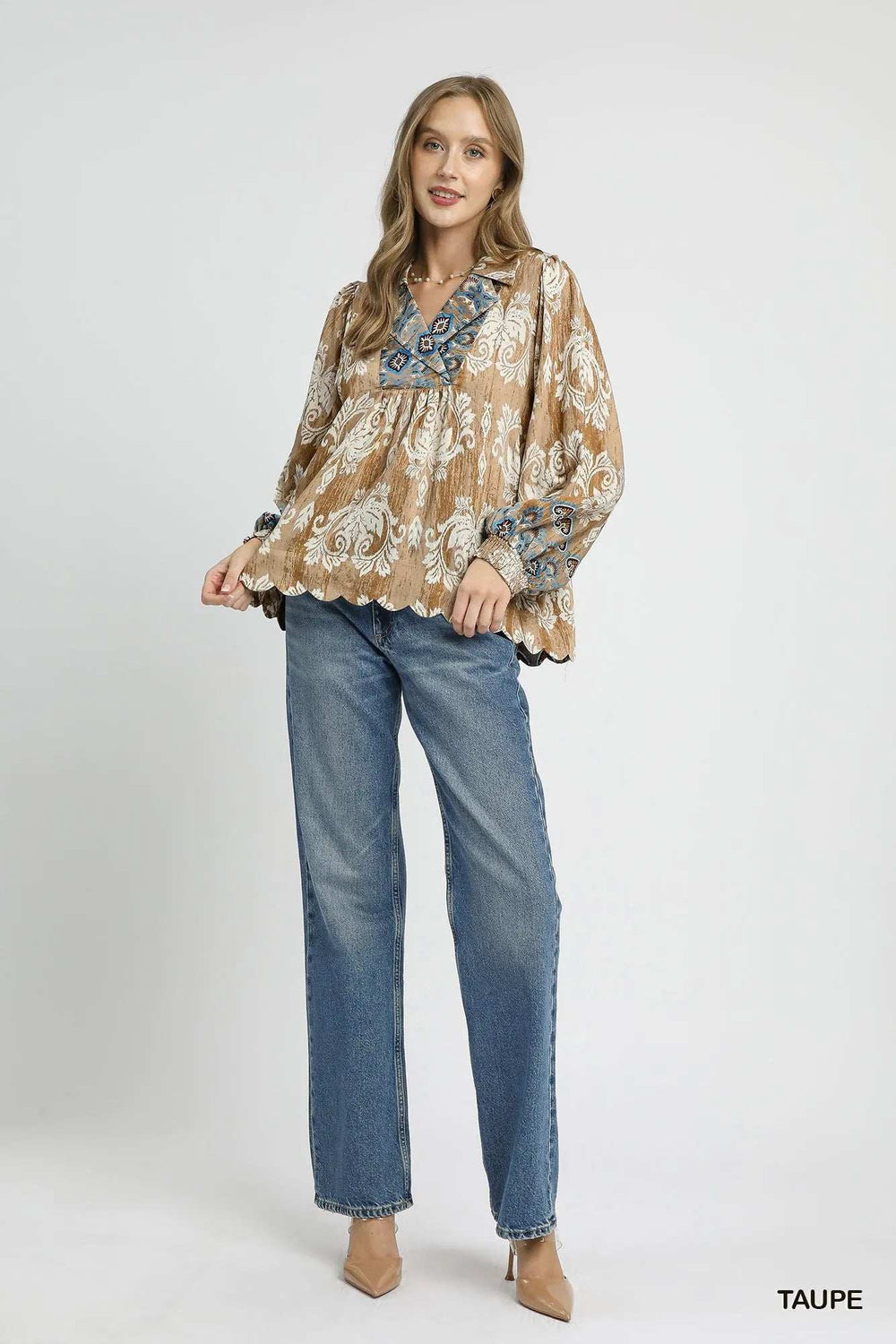 Umgee Floral Boho Blouse with Scalloped Hem - Trendsi - Flyclothing LLC