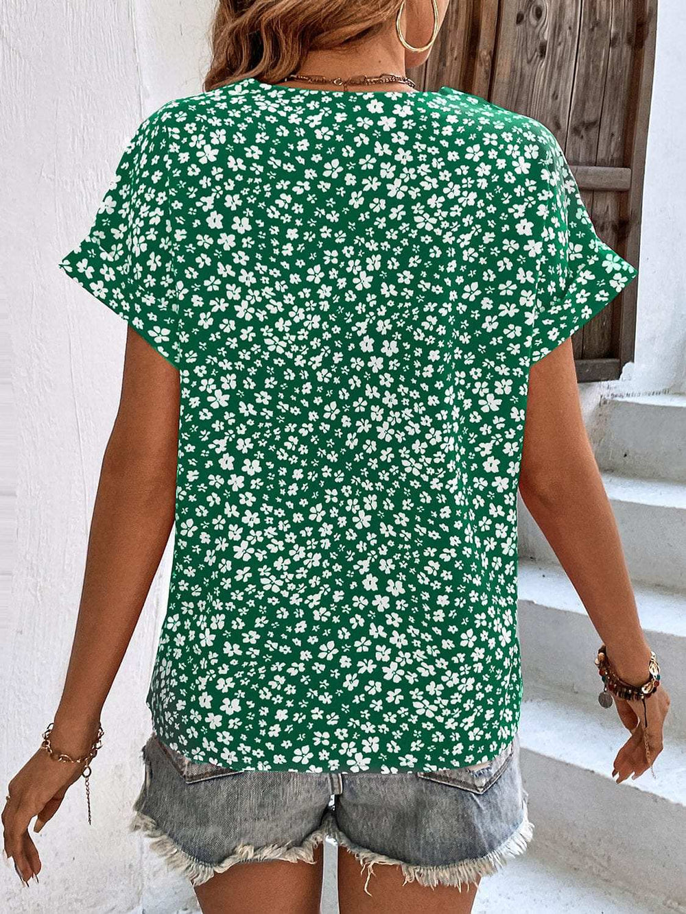 Printed V-Neck Short Sleeve Blouse - Trendsi - Flyclothing LLC